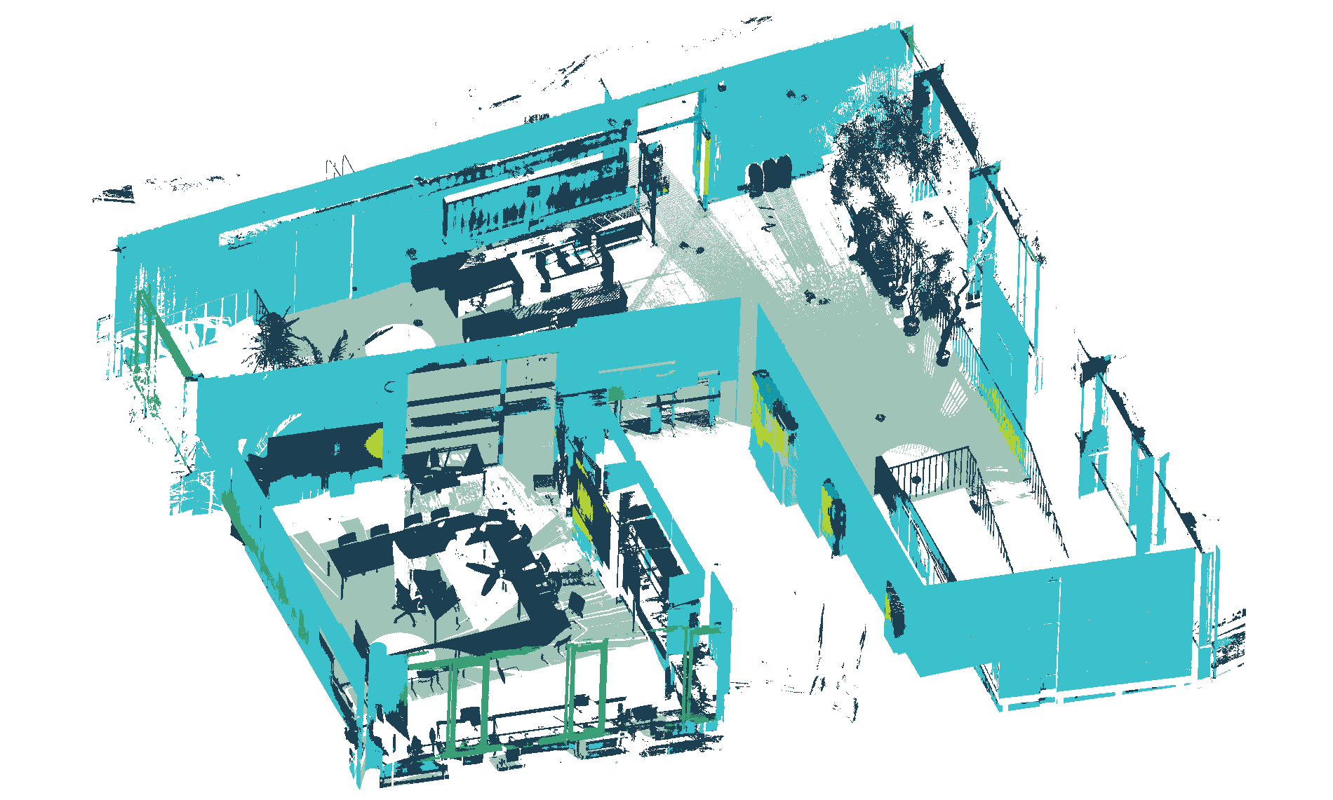 Segmented point cloud of an indoor space without ceiling